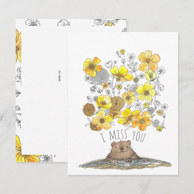 Tarjeta Te echo de menos cute Groundhog y flores acuarela (Anverso / Reverso)