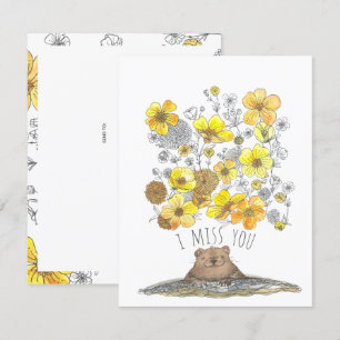 Tarjeta Te echo de menos cute Groundhog y flores acuarela