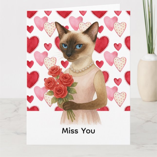 Tarjeta Te echo de menos de la mamá de gato siamés sosteni (Anverso)