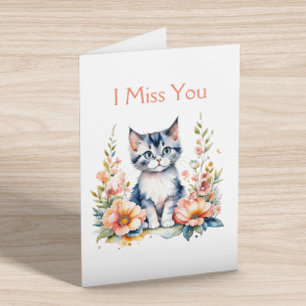 Tarjeta Te Extraño   Gris gatito con flores rosas