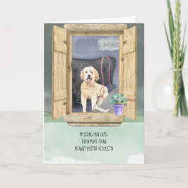 Tarjeta Te Falta Mucho Goldendoodle Dog Mirando Ventana