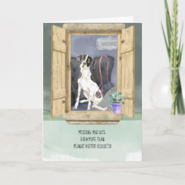 Tarjeta Te falta mucho perro pintor inglés en la ventana