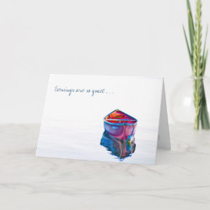 Tarjeta Te faltan canoa roja tranquila por la noche en agu