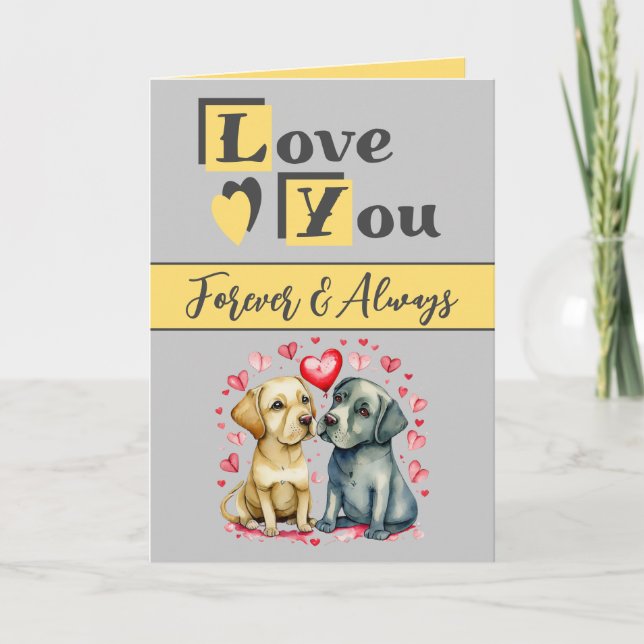 Tarjeta Te quiero para siempre perros lindos amarillos gri (Anverso)