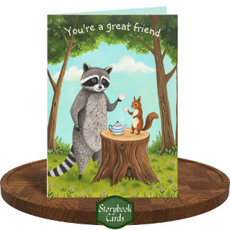 Tarjeta Té Time Raccoon y la Amistad Forestal de ardilla