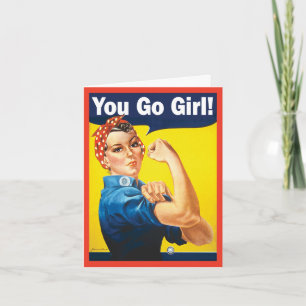 Tarjeta Te vas Chica con el clásico Rosie el riveter