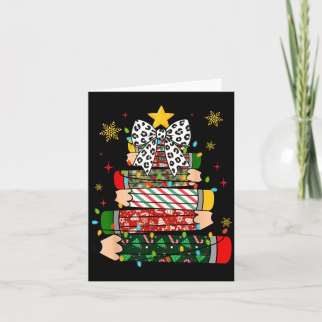 Tarjeta Teacher Christmas Tree Lights Pencil Leopard Print (Anverso)