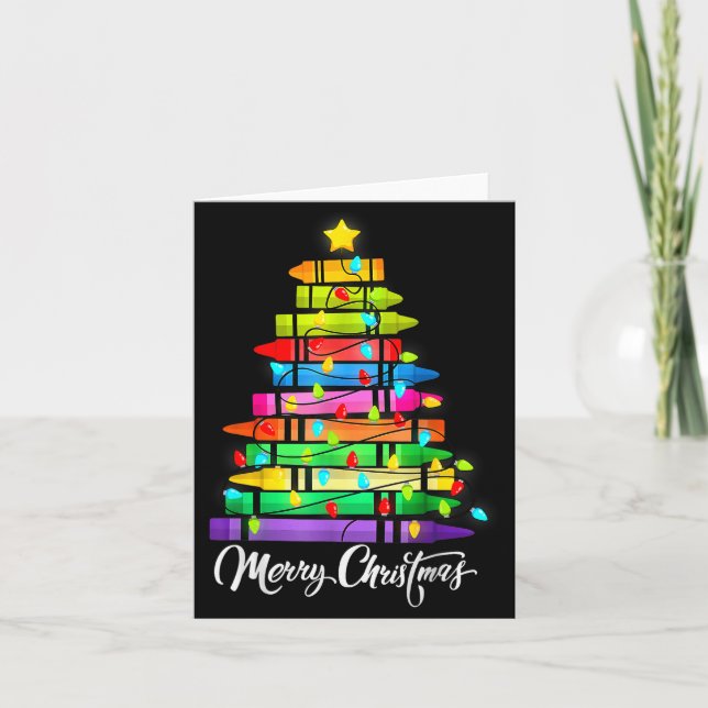 Tarjeta Teacher Crayon Merry Christmas Tree Lights School  (Anverso)