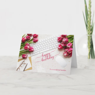 Tarjeta Teacher's Birthday Pink Tulips and Desktop