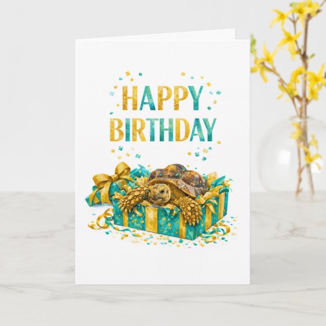 Tarjeta Teal and Gold Happy birthday Sulcata tortoise gift (flor amarilla)