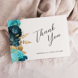 Tarjeta Teal Aqua Gold Floral Wedding Flat Thank You