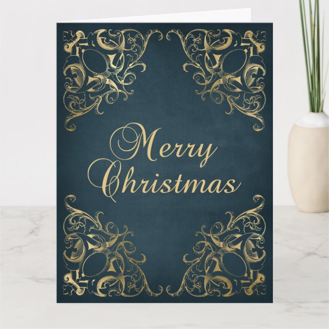 Tarjeta Teal Blue Faux Gold Ornate Border Merry Christmas (Anverso)