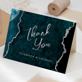 Tarjeta Teal Blue Plata Agradecimiento de Boda Escritura e