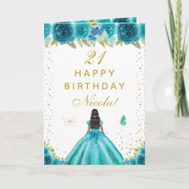 Tarjeta Teal Floral Dark Skin Girl Birthday