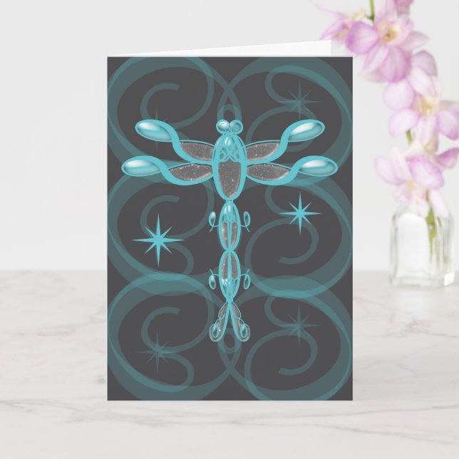Tarjeta Teal, Grey, Glass Dragonfly with Stars Birthday (Orquídea)