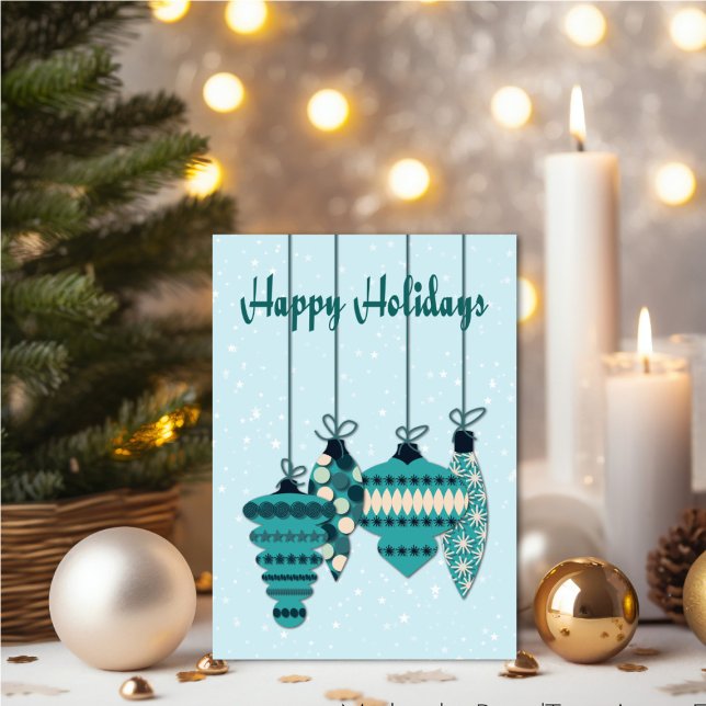 Tarjeta Teal Ornaments Holiday (Personalize your holiday wishes, by adding a custom message.)