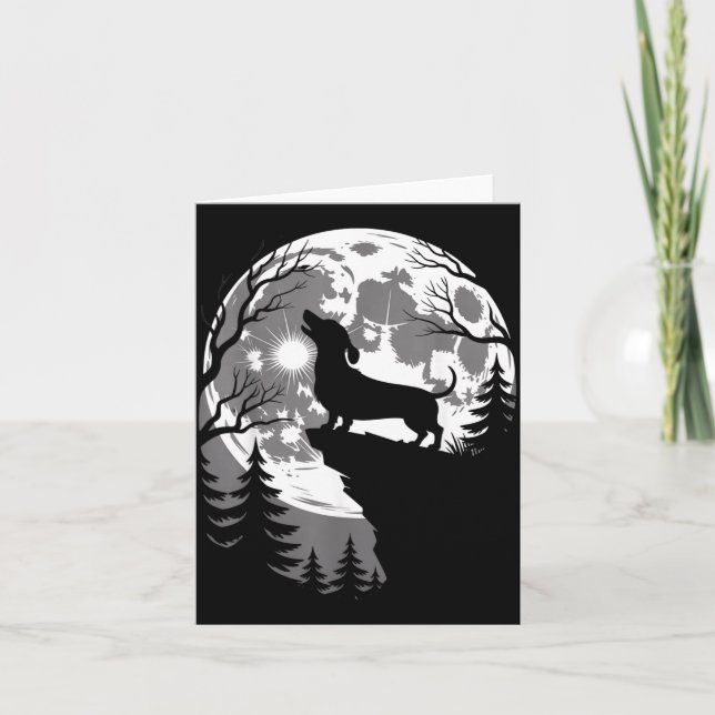 Tarjeta Teckel Aullando Luna Llena Bosque Embrujado (Anverso)