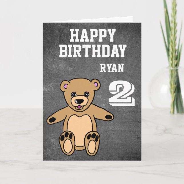Tarjeta Teddy Bear 2do cumpleaños Chalkboard Feliz cumplea (Anverso)