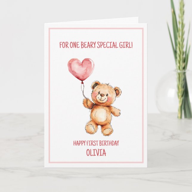 Tarjeta Teddy Bear Cute Pink Balloon Happy 1st Birthday (Anverso)