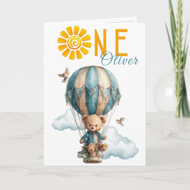 Tarjeta Teddy Bear Hot Air Balloon 1st Birthday Card (Anverso)
