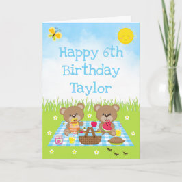 Tarjeta Teddy Bear Picnic Blue Gingham Happy Birday