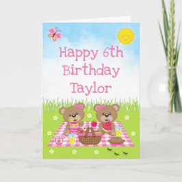 Tarjeta Teddy Bear Picnic Pink Gingham Feliz Cumpleaños