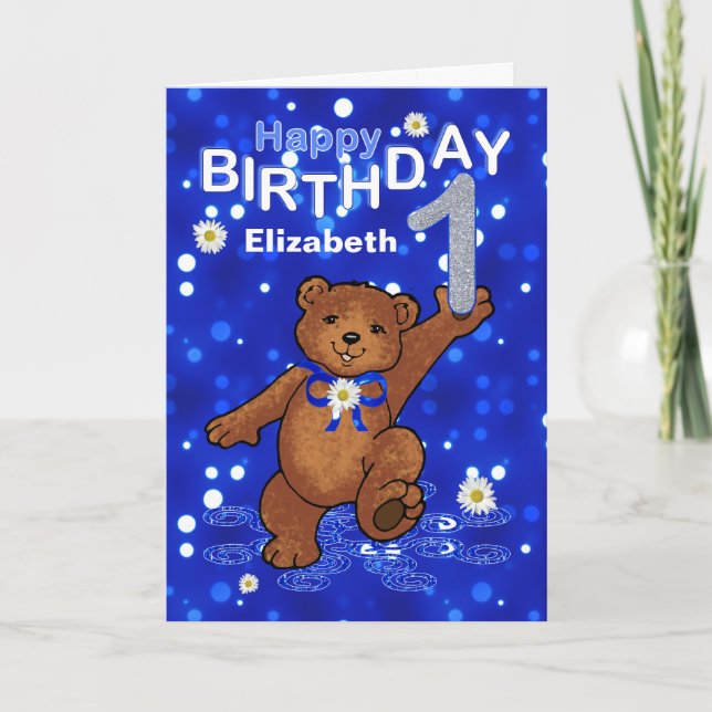 Tarjeta Teddy Bear primer cumpleaños para Chica (Anverso)
