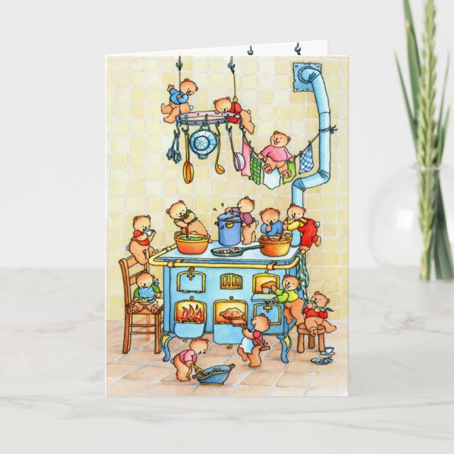 Tarjeta Teddy Bears Cooking in Kitchen Childrens Card (Anverso)