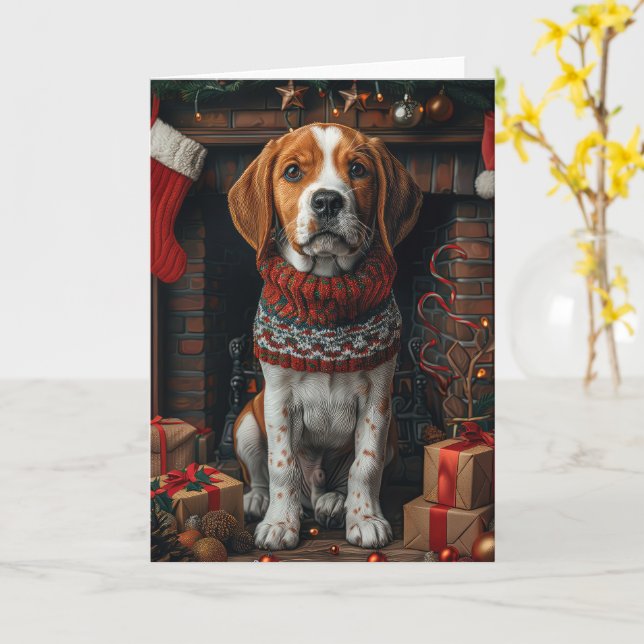 Tarjeta Tejer Perro Coonhound De Walker Con Regalos De Nav (flor amarilla)