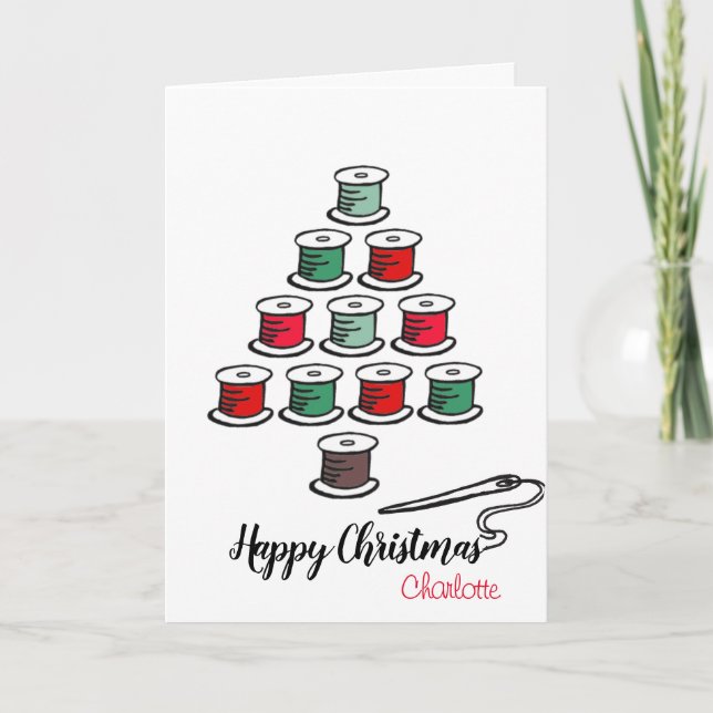 Tarjeta Tejido de algodón de coser Árbol de Navidad rojo y (Anverso)