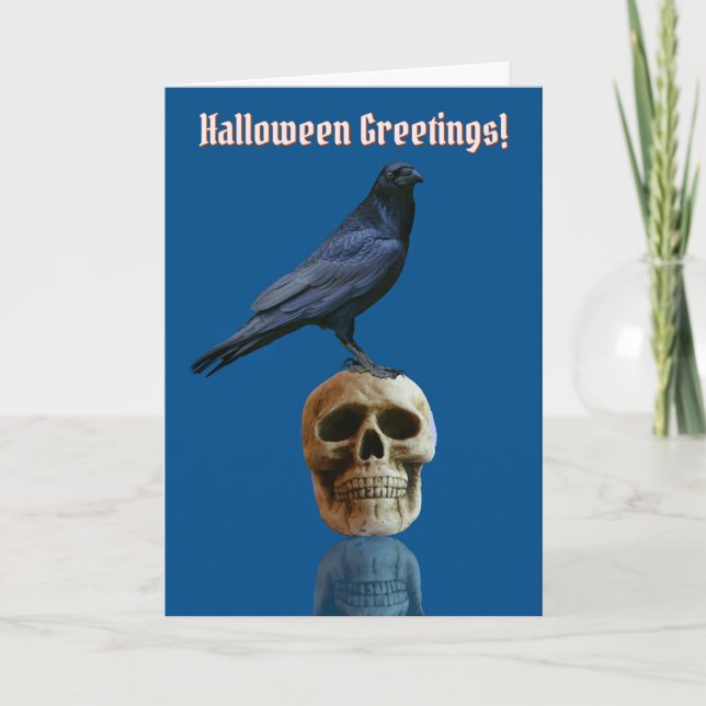 Tarjeta Tejiendo Raven o Crow Skull Halloween gótico (Anverso)