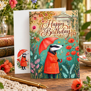Tarjeta Tejón en Abrigo Rojo y Cumpleaños Feliz con Paragu