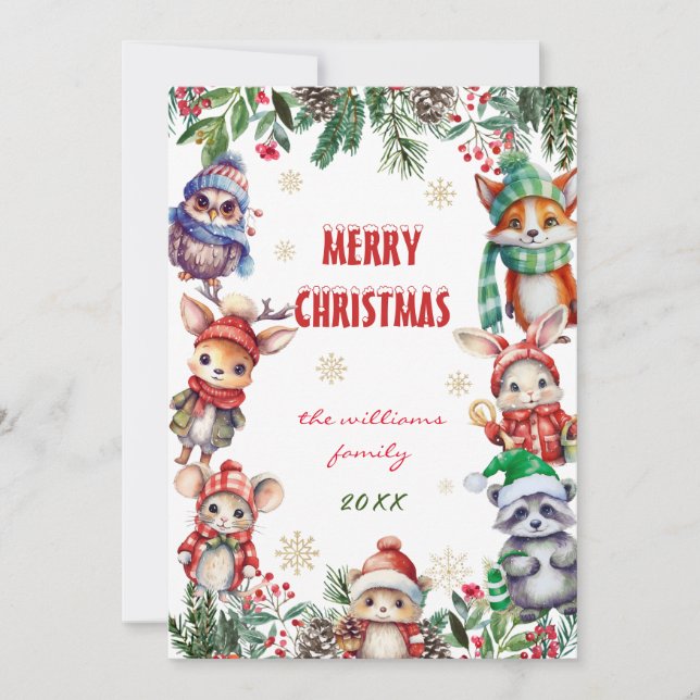 Tarjeta Tema de animal de bosque de Navidad de invierno (Anverso)