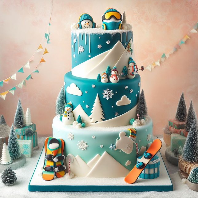 TARJETA TEMA DE ESQUÍ DE INVIERNO  PASTEL DE CUMPLEAÑOS PA (Kids Fun Winter Snowboard Themed Birthday Card)