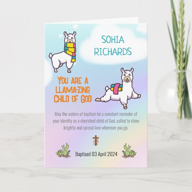 Tarjeta Tema del bautismo Chica Cute Llama (Anverso)