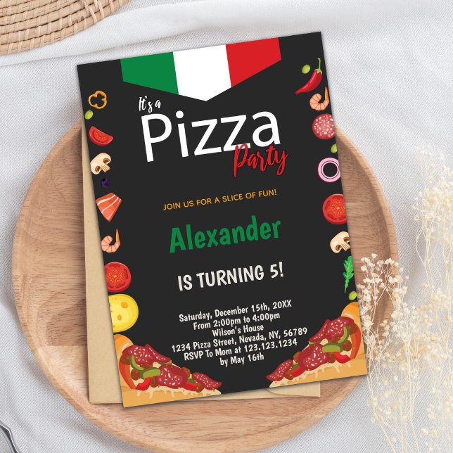 Tarjeta temática de comida editable divertida para (Pizza Birthday Party Invitations)