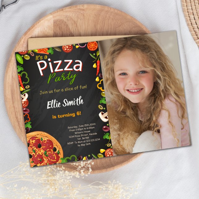 Tarjeta temática de comida infantil editable (Pizza Invitations with photo)