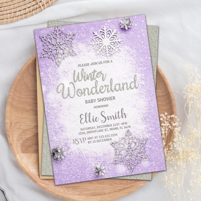 Tarjeta temática editable Snowflake para Baby Show (Purple Winter Baby Shower Invitations)