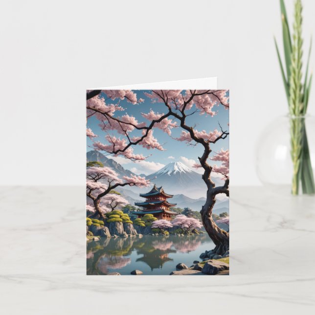 Tarjeta Templo Japonés Y Flores De Cerezo (Anverso)