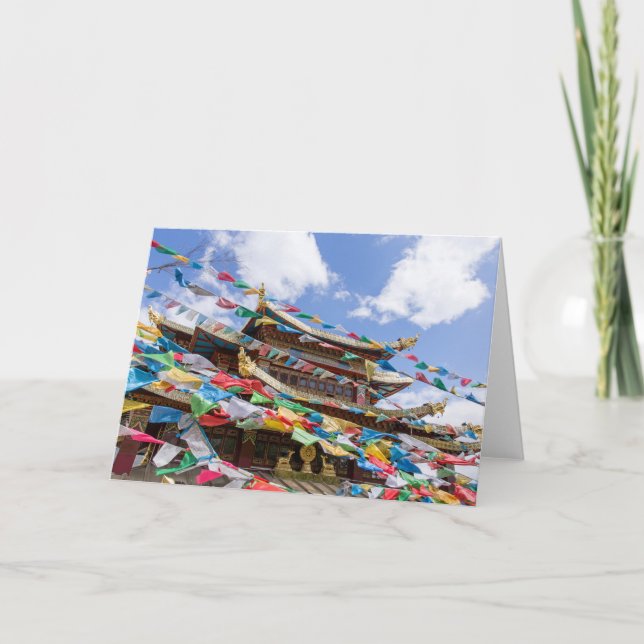 Tarjeta Templo tibetano con banderas de oración - Yunnan,  (Anverso)