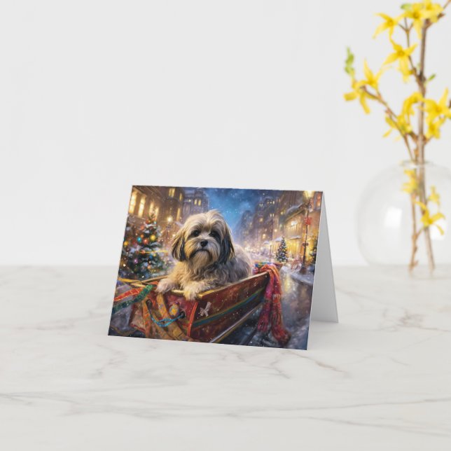 Tarjeta Temporada festiva de los Navidades Apso de Lhasa (flor amarilla)