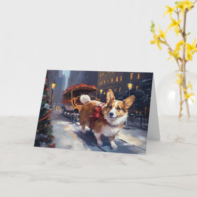 Tarjeta Temporada festiva de los Navidades Corgi (flor amarilla)