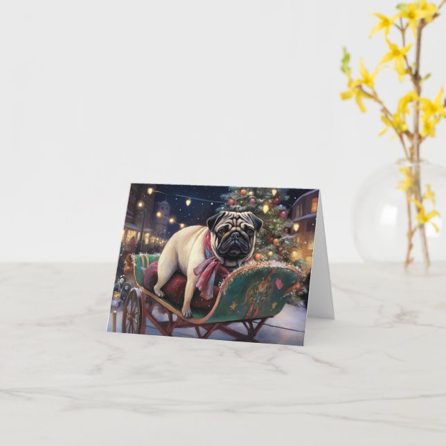 Tarjeta Temporada festiva de los Navidades Pug (flor amarilla)