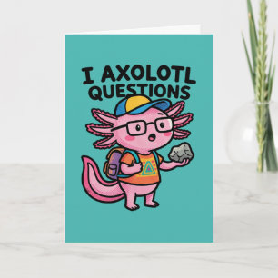 Tarjeta Tengo preguntas de ajolote escolar sostiene curios