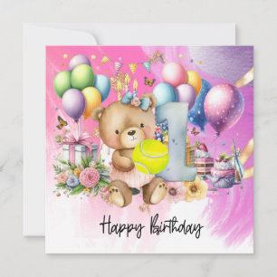 Tarjeta Tenis 1er cumpleaños para el tema de la niña rosad