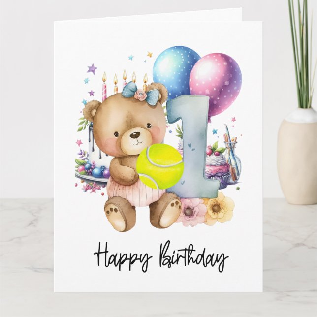 Tarjeta Tenis 1er cumpleaños para el tema de la niña rosad (Anverso)