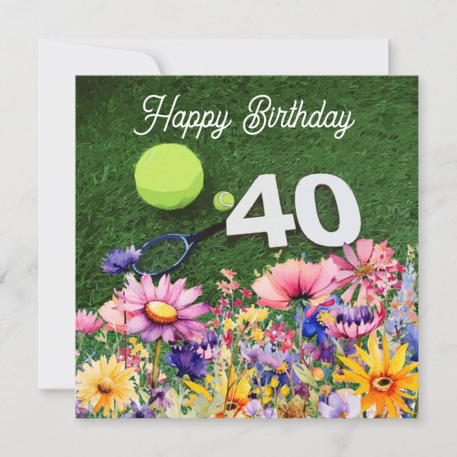 Tarjeta Tenis 40º cumpleaños con flores acuarela (Anverso)