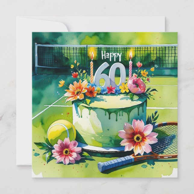 Tarjeta Tenis 60º cumpleaños con pelota de tenis y número (Anverso)