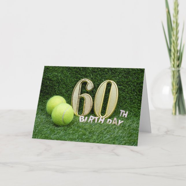 Tarjeta Tenis 60 cumpleaños con número sesenta y pelotas (Anverso)