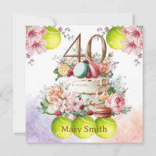 Tarjeta Tenis cumpleaños 40 con pastel y número cuarenta